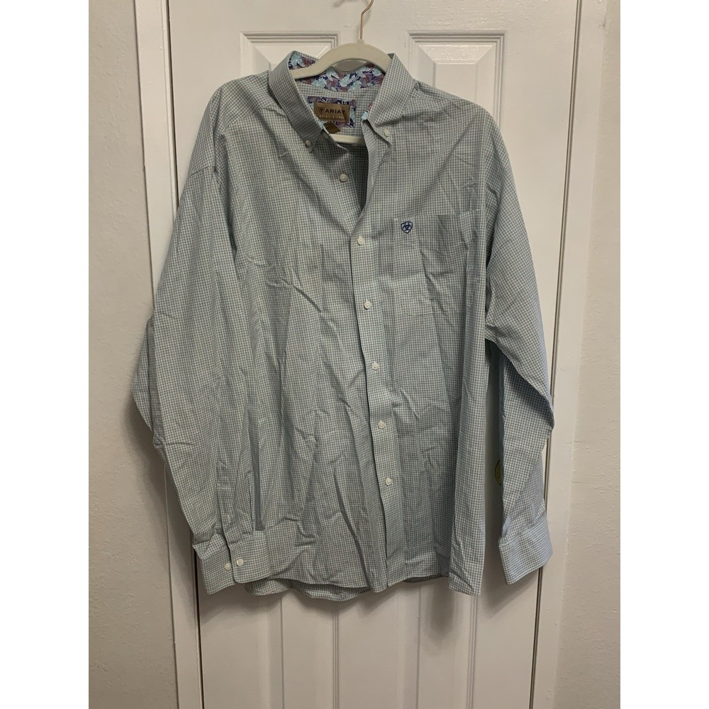 Ariat Men's Wrinkle Free Checkered Button Down Dress Shirt Blue XL
